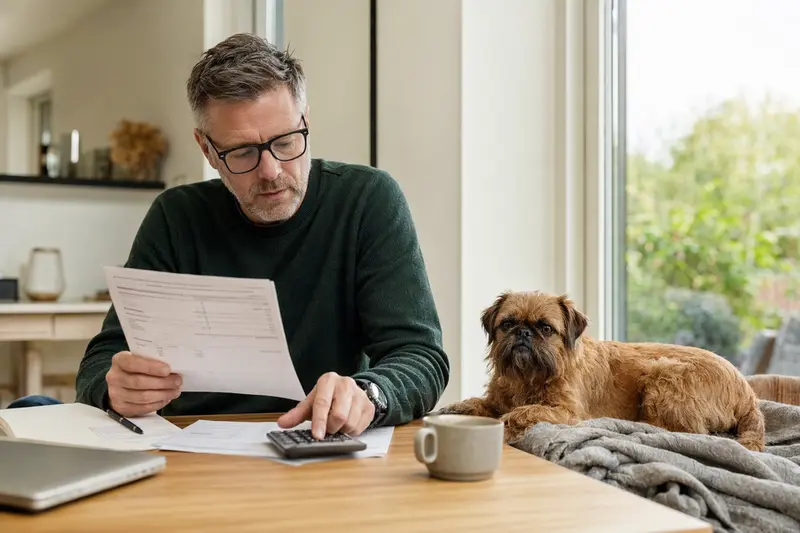 Ein Hundehalter sitzt mit einer Tierarztrechnung am Tisch, während sein entspannter Belgischer Griffon auf einer Decke liegt und das Thema Tierarztkosten und Hundekrankenversicherung ruhig vermittelt.
