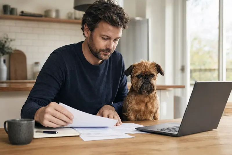 Ein Belgischer Griffon Hund sitzt neben seinem Besitzer an einem Küchentisch mit Versicherungsunterlagen und einem Laptop.