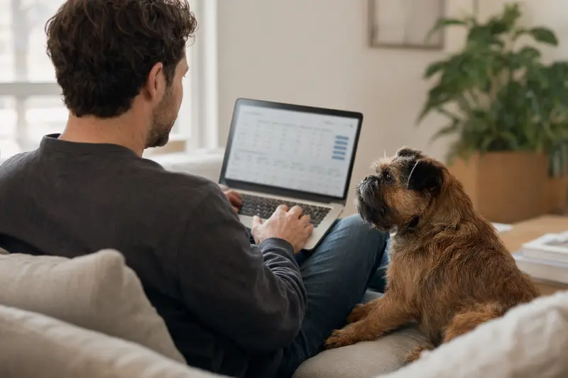 Ein Hundebesitzer mit einem Belgischen Griffon auf dem Sofa, während er am Laptop eine Versicherungsvergleichsseite betrachtet.