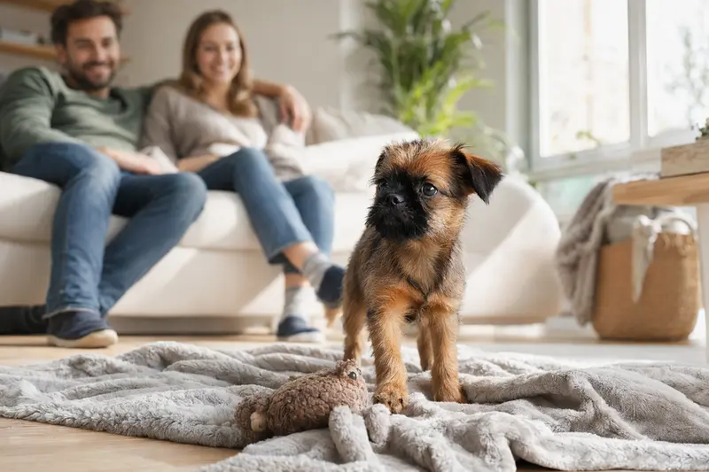 Ein junger Belgischer Griffon Welpe entdeckt neugierig sein neues Zuhause mit einer weichen Decke und einem Spielzeug, während eine liebevolle Familie im Hintergrund zu sehen ist.
