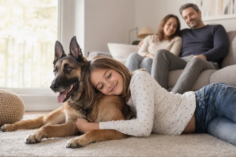 Ein entspannter Belgischer Schäferhund liegt neben einem Kind im Wohnzimmer und vermittelt eine liebevolle Familienatmosphäre.