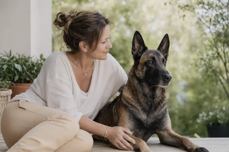 Ein wunderschöner Belgischer Schäferhund steht aufmerksam vor einem neutralen Hintergrund.
