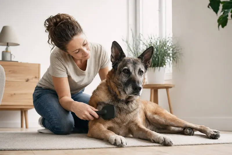 Ein Belgischer Schäferhund wird liebevoll zuhause gebürstet, das Bild zeigt die verantwortungsvolle Fellpflege.