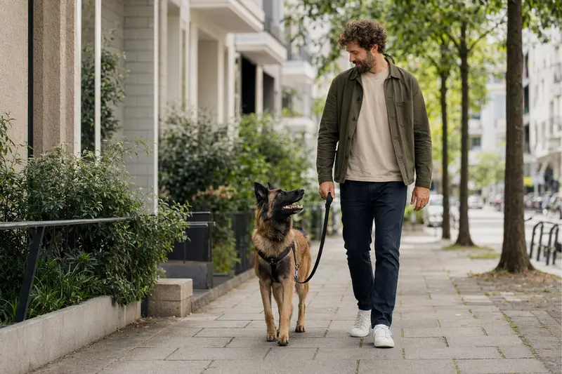Ein Belgischer Schäferhund läuft an der Leine mit seinem Besitzer durch eine moderne, grüne Stadtstraße im natürlichen Licht.