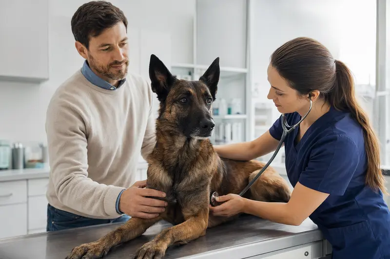 Ein ruhiger Belgischer Schäferhund wird von einer freundlichen Tierärztin in einer modernen Tierarztpraxis mit einem Stethoskop untersucht, während sein Besitzer beruhigend danebensteht.