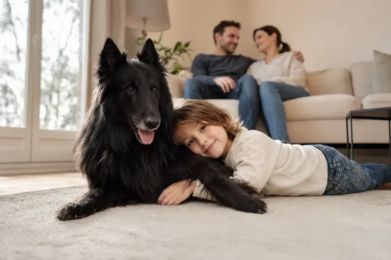 Ein Belgischer Schäferhund liegt entspannt neben einem Kind im Wohnzimmer und vermittelt eine vertrauensvolle Familien- und Hundesituation.