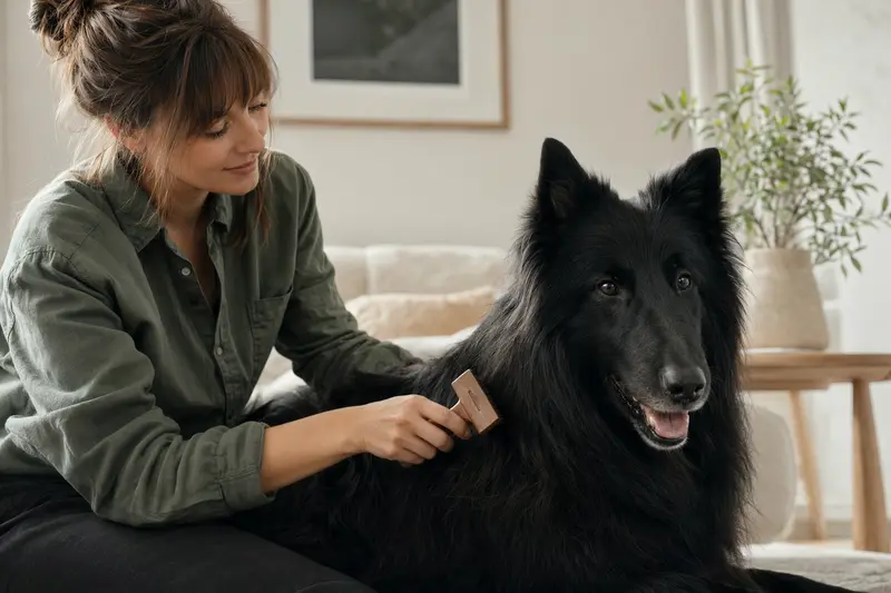Ein Belgischer Schäferhund (Groenendael) wird in der hellen Wohnung sanft gebürstet, während sein Besitzer die Fellpflege liebevoll übernimmt.