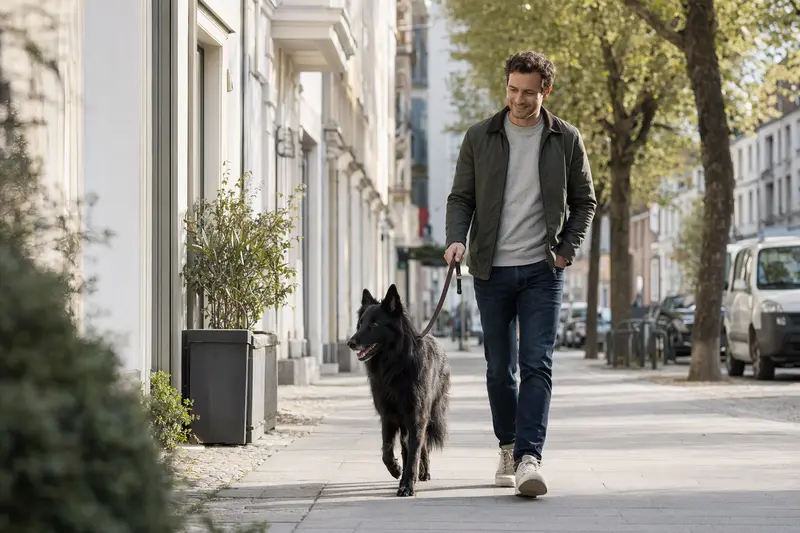 Ein Belgischer Schäferhund (Groenendael) läuft an der Leine mit seinem Besitzer durch eine freundliche moderne Stadtstraße.