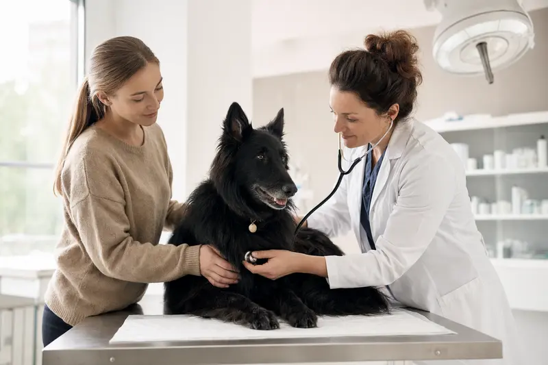 Ein ruhiger Belgischer Schäferhund wird von einer freundlichen Tierärztin in einer modernen Tierarztpraxis mit einem Stethoskop untersucht.