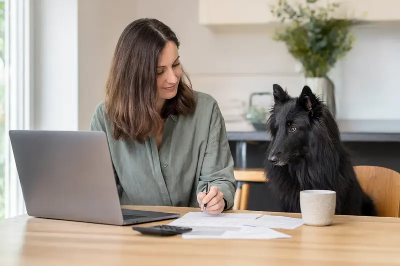 Belgischer Schäferhund sitzt ruhig neben seinem Besitzer am Küchentisch mit Versicherungsunterlagen und Laptop zur Hundekrankenversicherung.