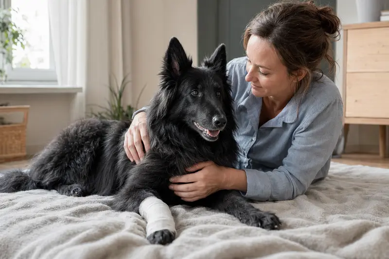 Ein Belgischer Schäferhund mit leicht verbundenem Vorderlauf liegt ruhig auf einer Decke, während sein Besitzer neben ihm erleichtert wirkt.