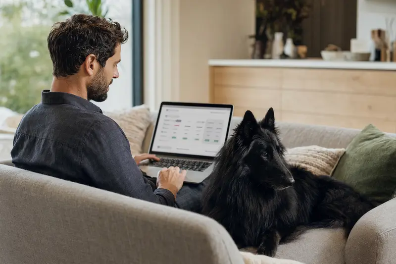 Ein Hundebesitzer mit einem Belgischen Schäferhund sitzt auf dem Sofa und vergleicht Tierversicherungen am Laptop.