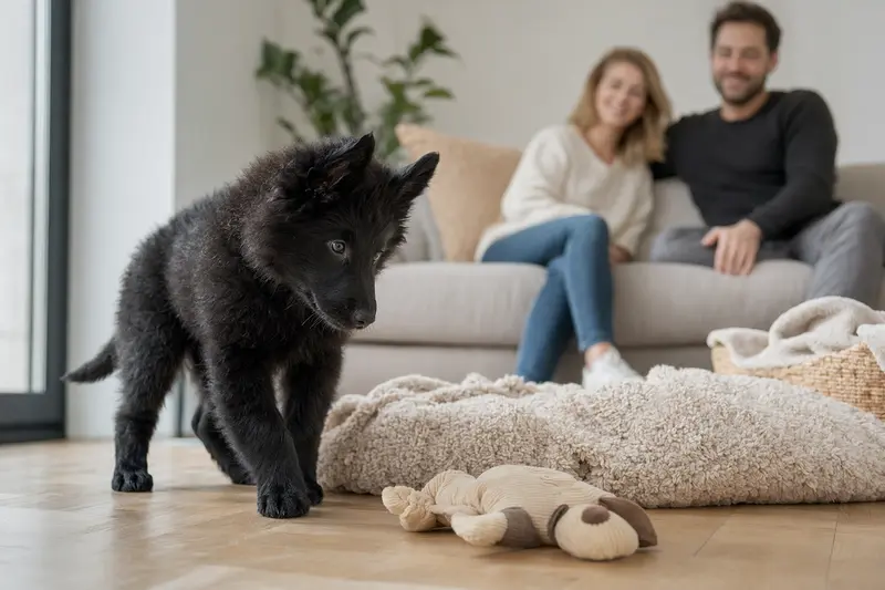 Ein neugieriger Belgischer Schäferhund Welpe erkundet sein neues Zuhause mit weicher Decke und Spielzeug.