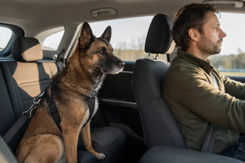 Ein Belgischer Schäferhund sitzt sicher angeschnallt auf der Rückbank eines Autos, während sein Besitzer entspannt fährt und das Sonnenlicht durch das Fenster strömt.