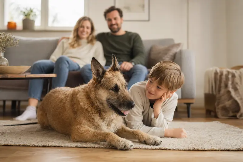 Ein freundlicher Belgischer Schäferhund liegt entspannt neben einem Kind im Wohnzimmer und vermittelt eine vertrauensvolle Atmosphäre.
