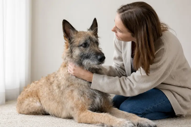 Ein aufmerksam blickender Belgischer Schäferhund Laekenois vor neutralem Hintergrund.