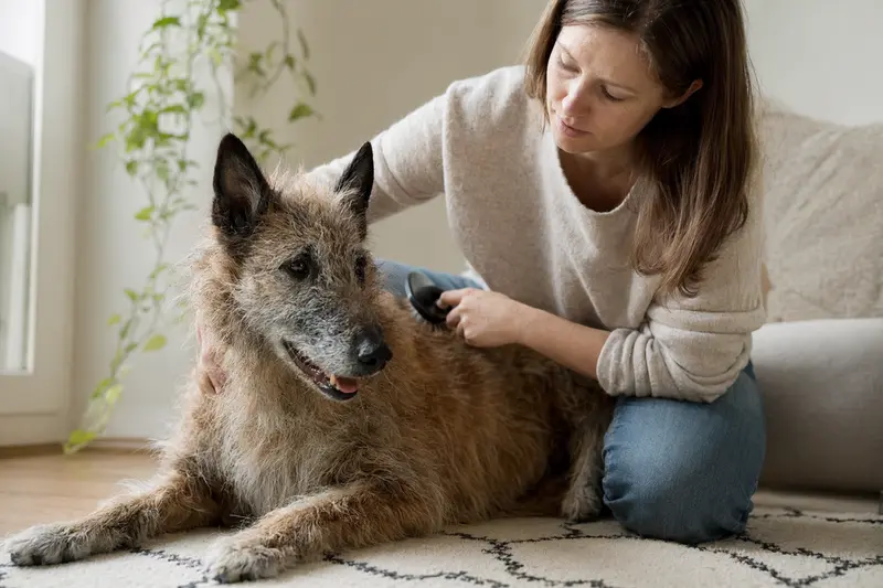 Ein Belgischer Schäferhund Laekenois wird liebevoll von seinem Besitzer in einer hellen Wohnung gebürstet.