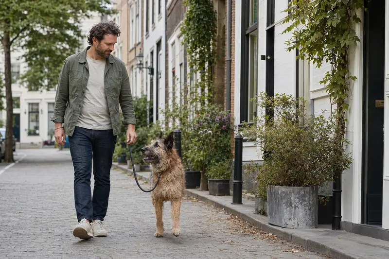 Ein Belgischer Schäferhund (Laekenois) genießt einen entspannten Spaziergang an der Leine mit seinem Besitzer in einer modernen Stadtstraße.