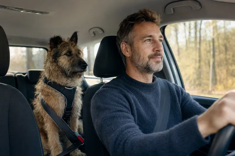Ein Belgischer Schäferhund sitzt sicher im Auto auf der Rückbank angeschnallt, während das Sonnenlicht durch das Fenster strömt.