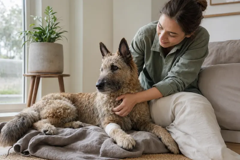 Ein Belgischer Schäferhund mit leichtem Verband an der Pfote liegt entspannt auf einer Decke, während sein Besitzer neben ihm sitzt und erleichtert aussieht.
