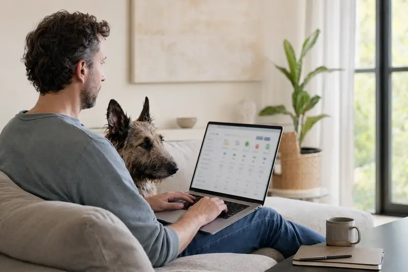 Besitzer mit Laptop auf dem Sofa, belgischer Schäferhund neben ihm, zeigt neutrale Versicherungsvergleichs-Oberfläche.