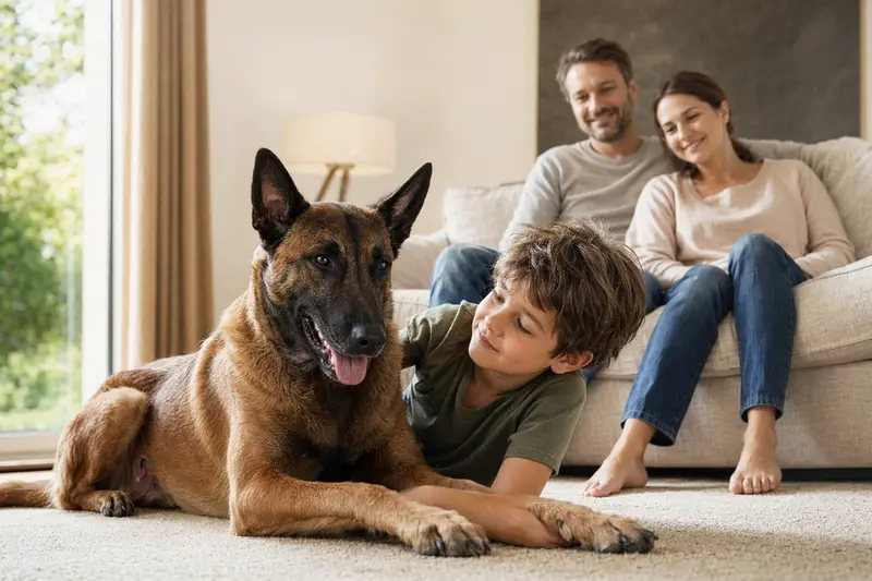 Ein freundlicher Belgischer Schäferhund liegt entspannt neben einem Kind im Wohnzimmer und vermittelt eine sichere Familienatmosphäre.