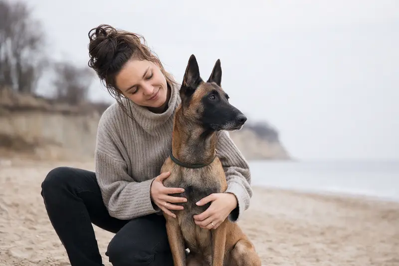Ein aufmerksamer Belgischer Schäferhund (Malinois) steht vor einem neutralen Hintergrund und zeigt die typischen Merkmale seiner Rasse in weichem Licht.