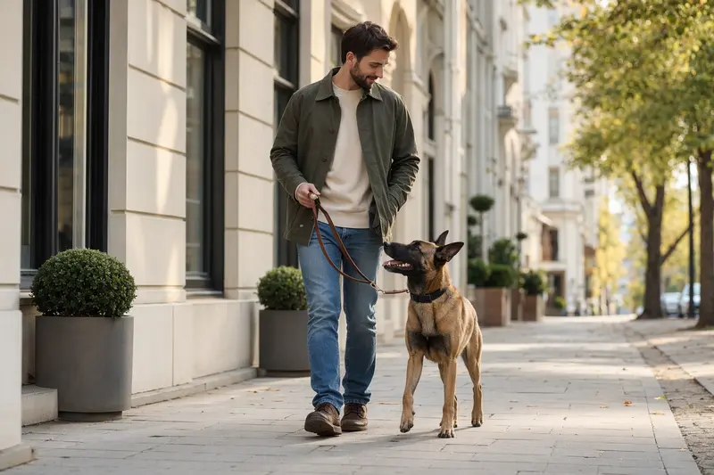 Ein Belgischer Schäferhund (Malinois) läuft an der Leine mit seinem Besitzer durch eine moderne Stadtstraße.