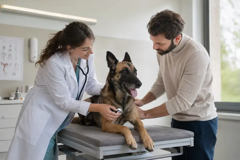 Ein ruhiger Belgischer Schäferhund wird von einer freundlichen Tierärztin mit Stethoskop in einer modernen Praxis untersucht.