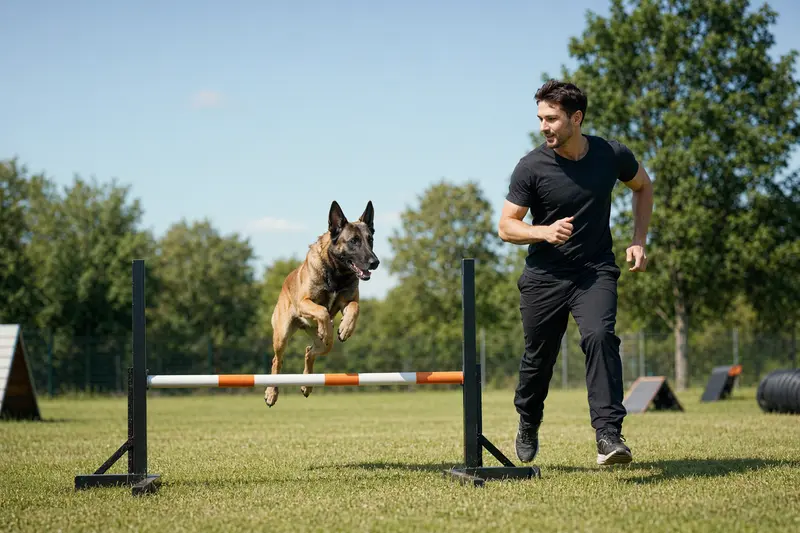 Ein Belgischer Schäferhund (Malinois) springt mit seinem Besitzer über eine kleine Trainingshürde auf dem Hundeplatz.