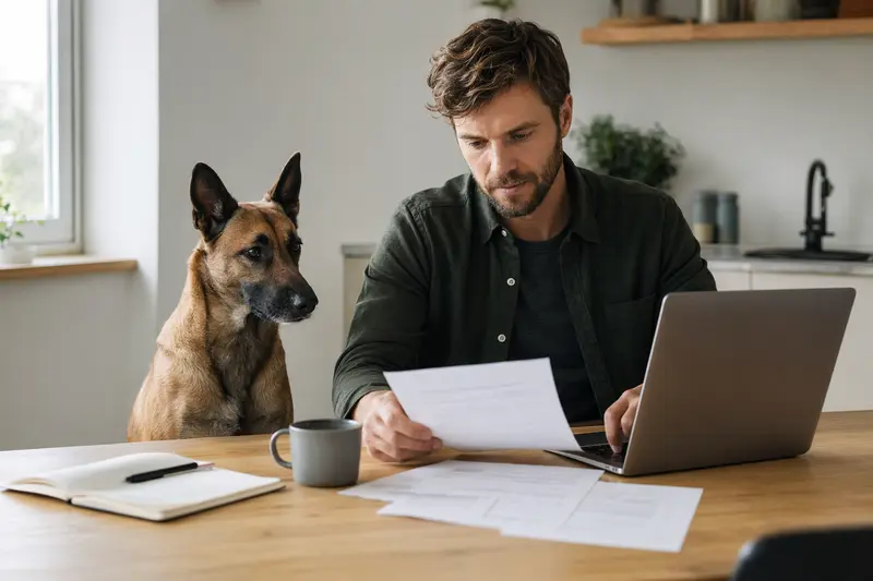 Ein Belgischer Schäferhund sitzt entspannt neben seinem Besitzer am Küchentisch mit Versicherungsunterlagen und Laptop.
