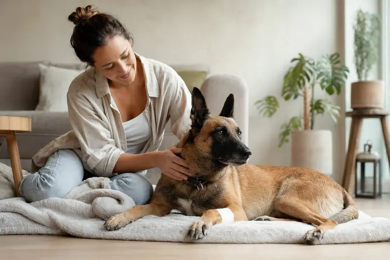 Ein Belgischer Schäferhund mit Verband an der Pfote liegt entspannt auf einer Decke neben seinem erleichterten Besitzer.