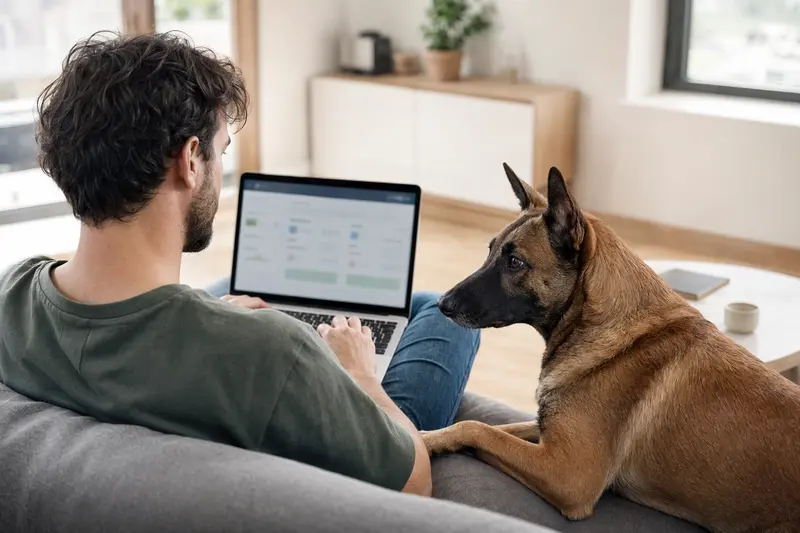 Ein Hundebesitzer arbeitet an seinem Laptop auf dem Sofa, während ein Belgischer Schäferhund an seiner Seite sitzt, umgeben von einer ruhigen Wohnatmosphäre.
