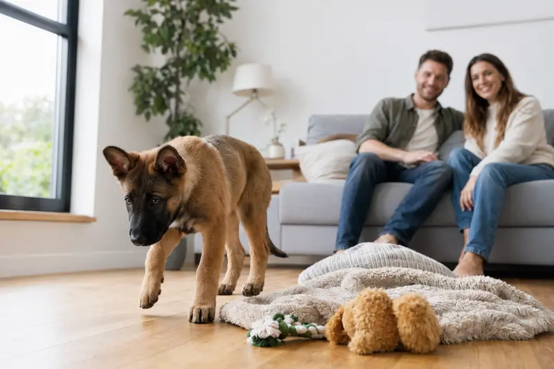 Ein neugieriger Malinois-Welpe entdeckt sein neues Zuhause mit einer weichen Decke und Spielzeug.