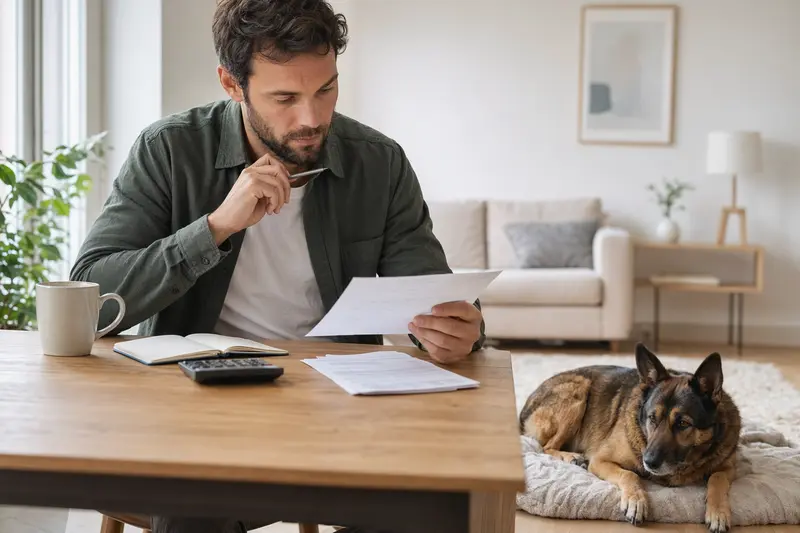 Ein Hundebesitzer sitzt mit einer Tierarztrechnung am Tisch, während ein entspannter Belgischer Schäferhund ruhig auf einer Decke in der hellen Wohnung liegt.