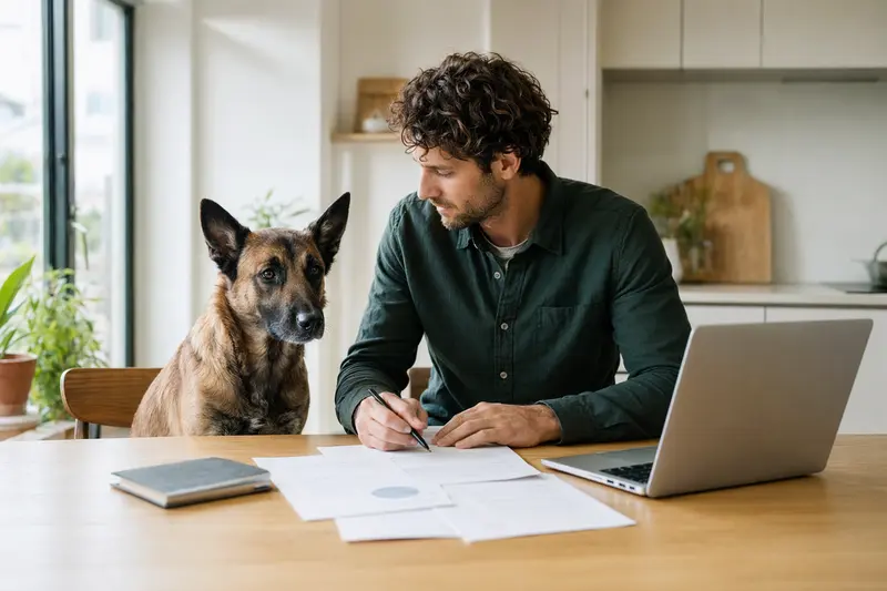 Ein Belgischer Schäferhund sitzt ruhig neben seinem Besitzer am Küchentisch mit Versicherungsunterlagen und einem Laptop.