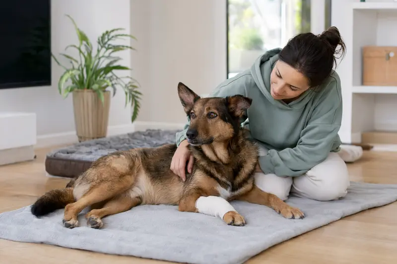 Ein Belgischer Schäferhund mit leichtem Verband an der Pfote liegt entspannt auf einer Decke, während sein Besitzer neben ihm sitzt und erleichtert wirkt.