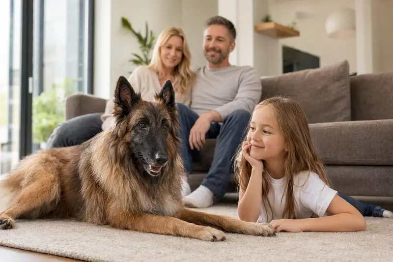 Ein freundlicher Belgischer Schäferhund Tervueren liegt entspannt neben einem Kind im Wohnzimmer.