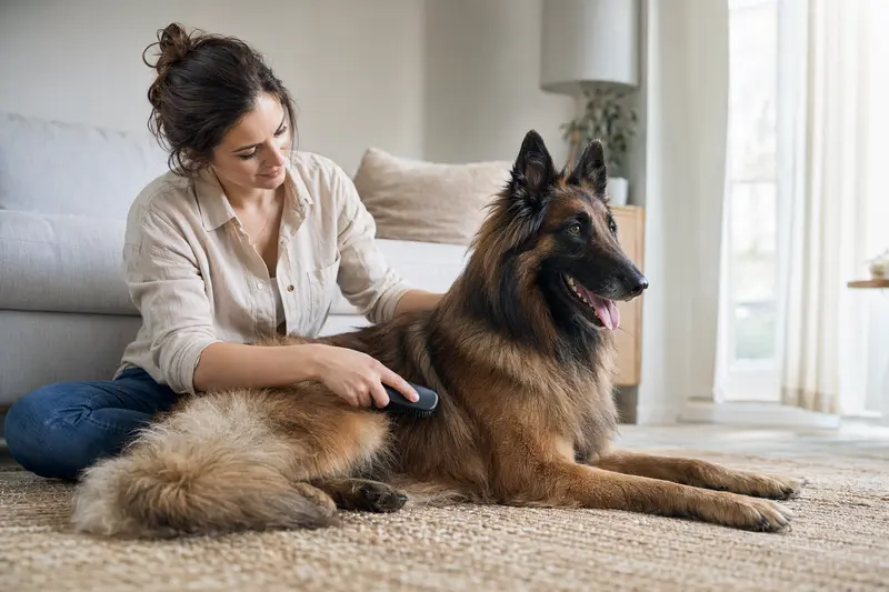 Ein Belgischer Schäferhund Tervueren wird liebevoll von seinem Besitzer in einer hellen Wohnung gebürstet.