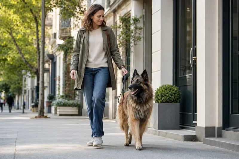 Ein Belgischer Schäferhund Tervueren läuft an der Leine mit seinem Besitzer durch eine moderne Stadtstraße.
