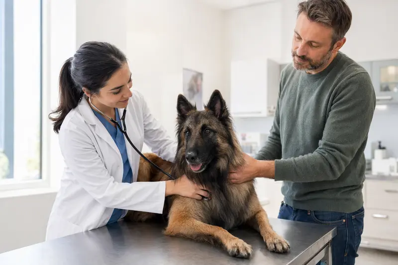 Ein Belgischer Schäferhund Tervueren wird von einer freundlichen Tierärztin in einer modernen Praxis mit einem Stethoskop untersucht, während der Besitzer beruhigend daneben steht.