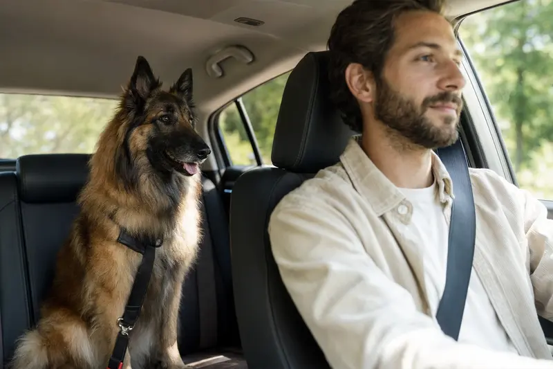 Ein Belgischer Schäferhund Tervueren sitzt sicher angeschnallt auf der Rückbank eines Autos, während das Sonnenlicht durch das Fenster strömt.