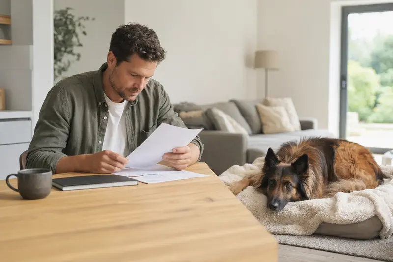 Ein Hundehalter sitzt mit einer Tierarztrechnung am Tisch, während ein entspannter Belgischer Schäferhund Tervueren auf einer Decke neben ihm liegt.