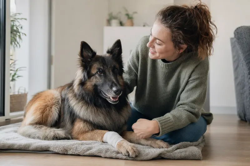 Ein Belgischer Schäferhund Tervueren mit leichtem Verband an der Pfote liegt auf einer Decke, während sein Besitzer erleichtert daneben sitzt.