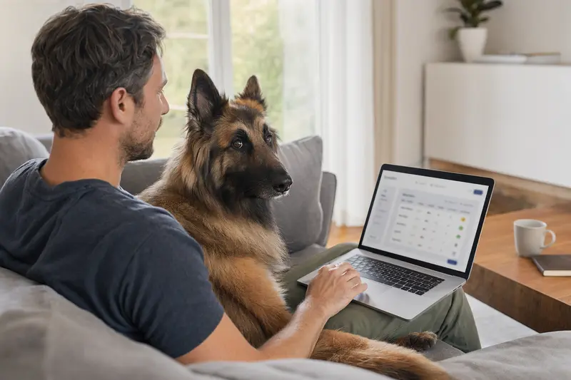 Ein Besitzer arbeitet am Laptop auf dem Sofa, während ein Belgischer Schäferhund Tervueren entspannt neben ihm sitzt, der Bildschirm zeigt eine neutrale Vergleichsseite für Versicherungen.