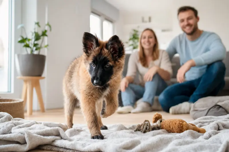 Ein neugieriger Belgischer Schäferhund Tervueren Welpe erkundet sein neues Zuhause mit Spielzeug und einer liebevollen Familie im Hintergrund.