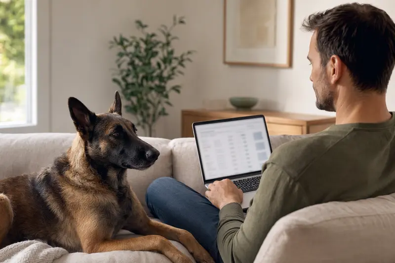 Ein Hundebesitzer sitzt mit einem Laptop auf dem Sofa, während ein Belgischer Schäferhund daneben liegt und die Versicherungsvergleichsseite auf dem Bildschirm erleuchtet.