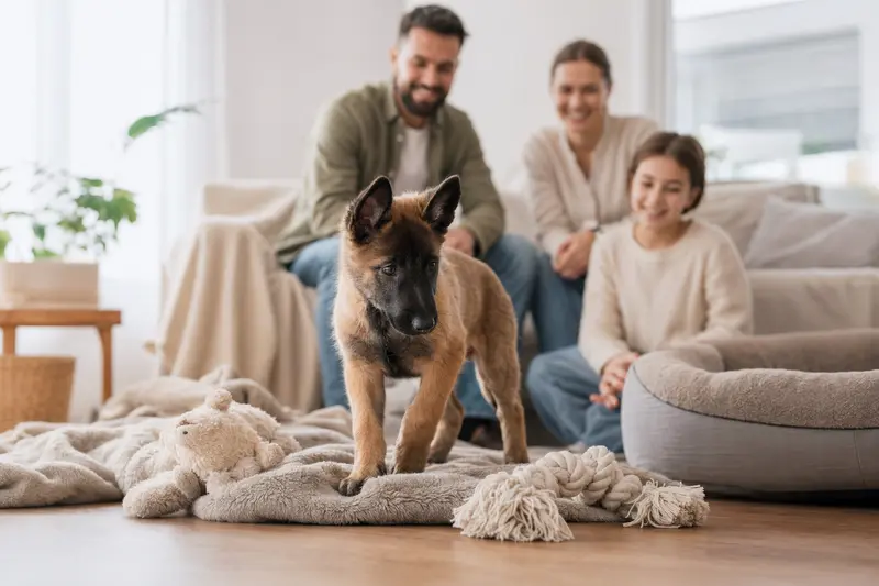 Ein junger Belgischer Schäferhund Welpe erkundet neugierig sein neues Zuhause mit Spielzeug und einer weichen Decke, während eine liebevolle Familie im Hintergrund zu sehen ist.