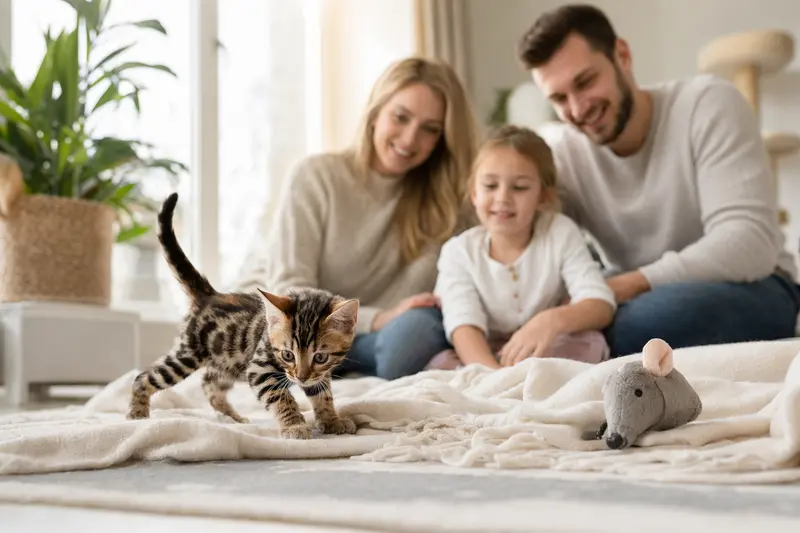 Ein neugieriges Bengal-Kitten entdeckt sein neues Zuhause mit einer weichen Decke und Spielzeug im Hintergrund.