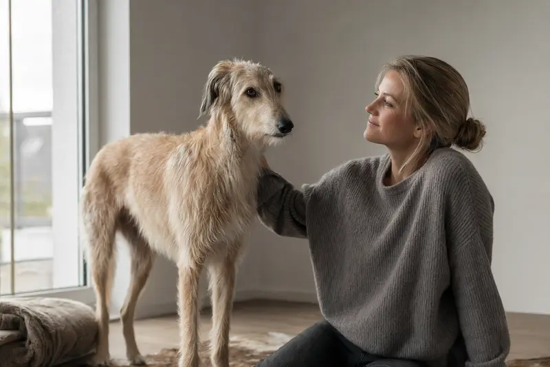 Ein Berber-Windhund steht vor einem hellen Hintergrund und zeigt seine charakteristische Körperform.